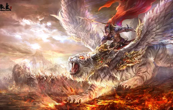 Картинка тигр, оружие, пламя, магия, крылья, Воин, оскал, войско