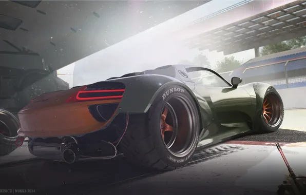 Картинка Concept, Porsche, Car, Race, 918, Wheels, Garage, Rear, Ligth