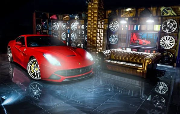 Картинка красный, отражение, диван, Ferrari, red, феррари, диски, Berlinetta, F12, Kahn Design