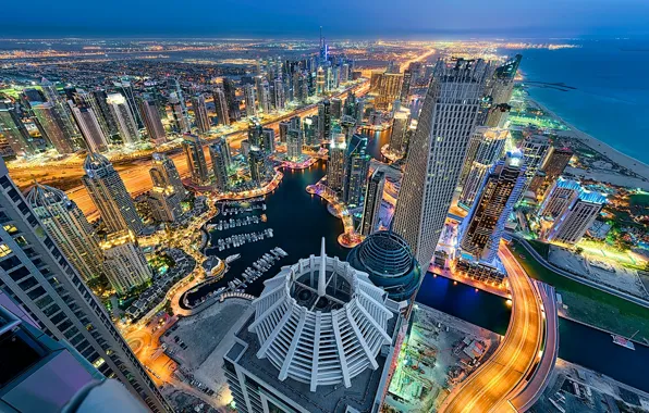Картинка море, побережье, здания, панорама, Дубай, ночной город, Dubai, небоскрёбы, ОАЭ, UAE