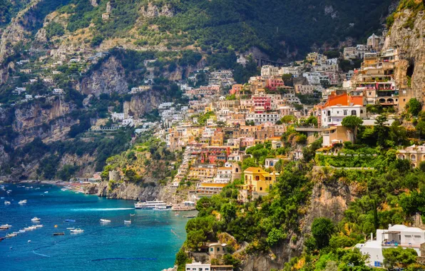 Картинка море, побережье, здания, лодки, склон, Италия, залив, Italy, Campania, Amalfi Coast, Позитано, Positano, Gulf of …