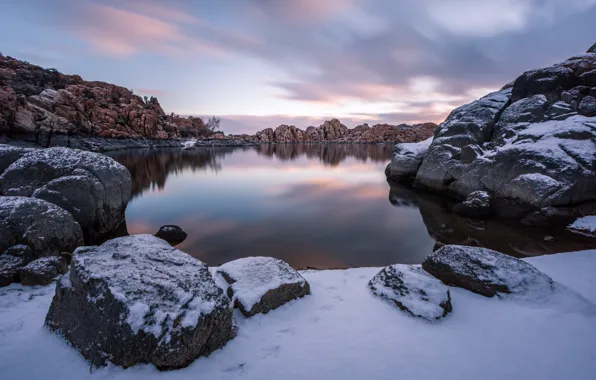 Картинка зима, озеро, восход, утро, Arizona, Prescott, Watson Lake