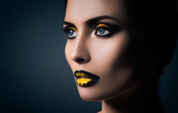 Картинка портрет, макияж, black, yellow, eyes, lips, Yna