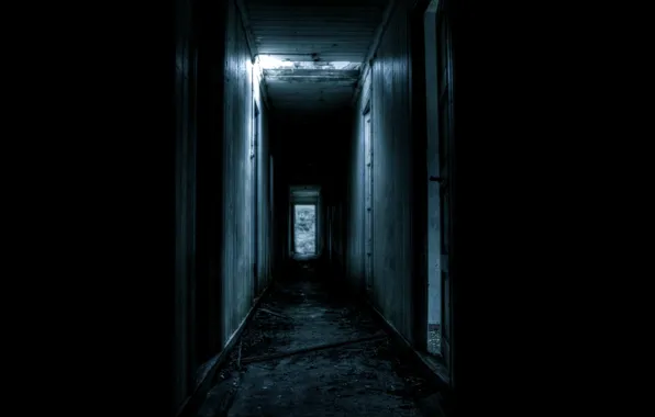 Картинка темнота, двери, коридор, развалины, мрачно
