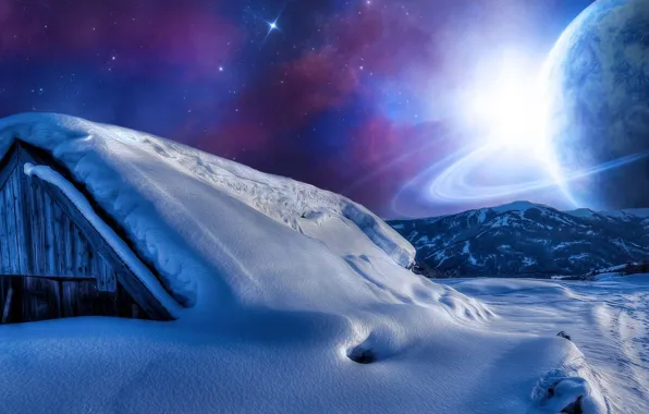 Картинка небо, снег, горы, ночь, звезда, планета, Дом