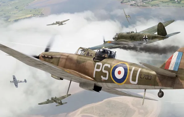 Картинка war, art, airplane, painting, aviation, ww2, Boulton Paul Defiant Mk.I