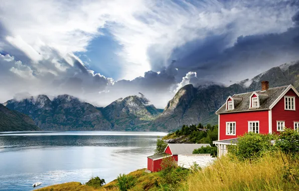 Картинка пейзаж, горы, озеро, дом, Норвегия, Norway, фьорд
