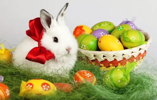 Картинка белый, праздник, корзина, яйца, весна, кролик, Пасха, бант, Easter, пасхальные