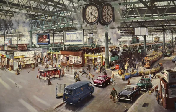 Картинка город, люди, дым, часы, картина, Вокзал, поезда, 1967, Terence Cuneo