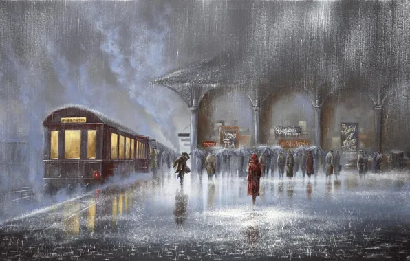 Картинка люди, дождь, женщина, встреча, вокзал, поезд, картина, вагон, перрон, зонтики, мужчина, двое, ливень, Jeff Rowland