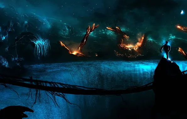 Картинка мост, скалы, огонь, темно, планеты, человек, арт, Alberto Vangelista