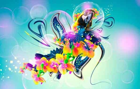 Картинка Цветы, Птица, Стиль, Обои, Попугай, Fantasy, Арт, Photoshop, Фотошоп, Flowers, Plastic, Neon, Parrot, Bird, 2014, …