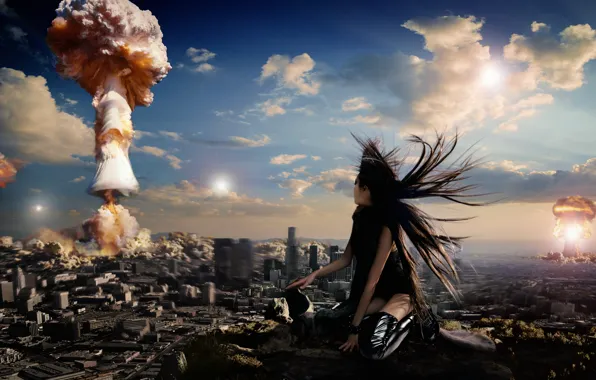 Картинка город, ситуации, девушки, атомный взрыв