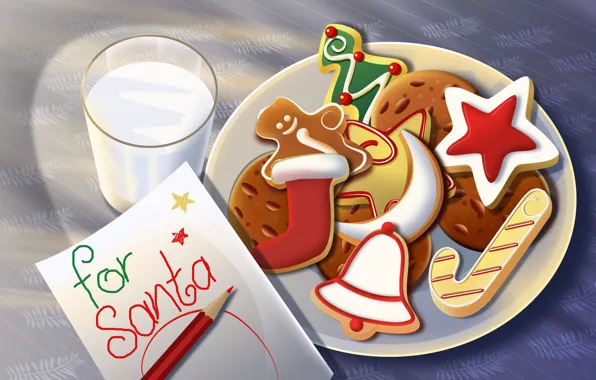 Картинка письмо, стакан, игрушки, звезда, новый год, молоко, подарки, сладости, Christmas, праздники, new Year