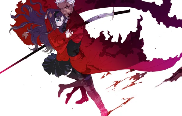 Картинка кровь, меч, пятна, Fate/stay night, седой, Archer, Rin Tohsaka
