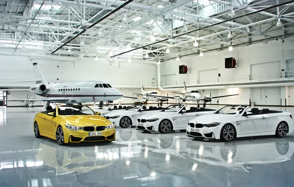 Картинка BMW, Cars, White, Yellow, Cabrio, Hangar, Plane