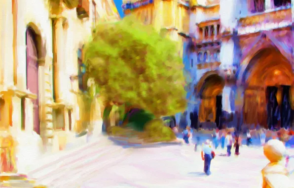 Картинка город, краски, дома, площадь, Испания, Толедо