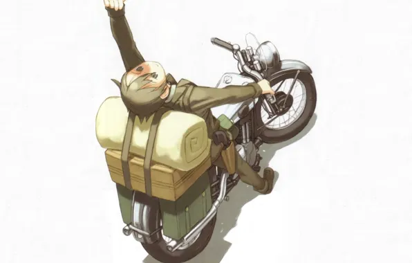 Картинка пистолет, коробка, тень, мотоцикл, жест, art, матрас, кобура, kino no tabi, kouhaku kuroboshi, kino, путешествие …