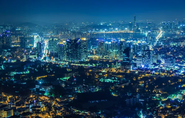 Картинка ночь, город, огни, вид, дома, панорама, небоскрёбы, Сеул, Южная Корея