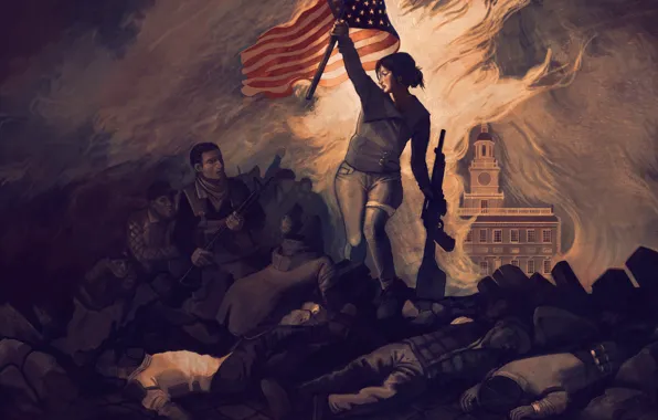 Картинка смерть, люди, огонь, война, флаг, арт, автомат, революция, Homefront: The Revolution