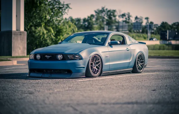 Картинка Mustang, Ford, Дорога, диски, blue, боком