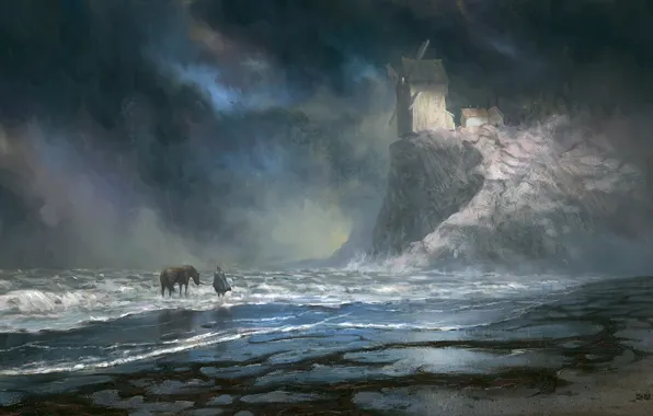 Картинка море, лошадь, человек, арт, непогода, нарисованный пейзаж