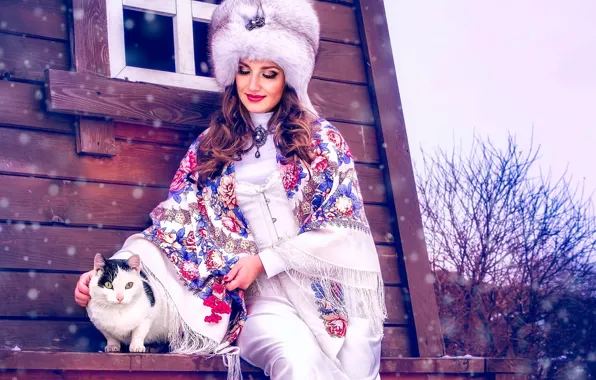 Картинка зима, кот, девушка, снег, шапка, платок, меха, этно