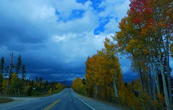 Картинка дорога, осень, небо, деревья, горы, тучи