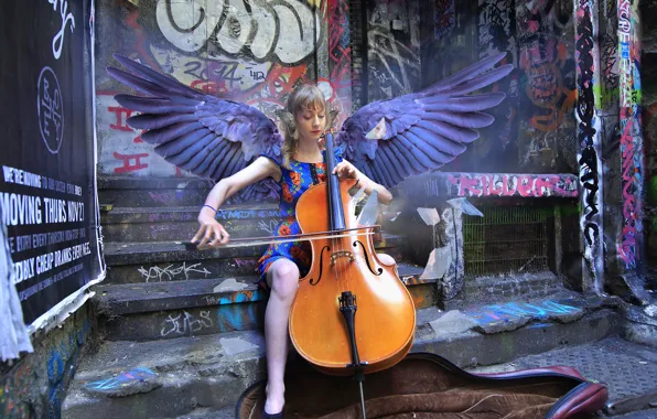Картинка девушка, крылья, виолончель