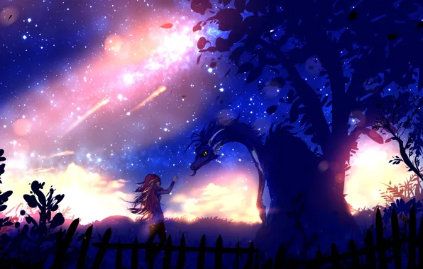 Картинка девушка, звезды, ночь, дракон, art, by ryky, under the lights