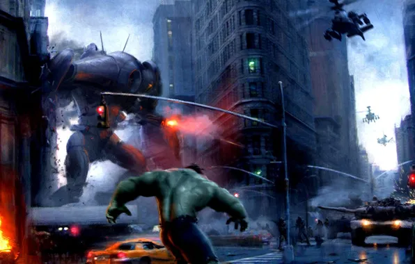 Картинка город, огонь, здания, робот, танк, вертолёт, Hulk