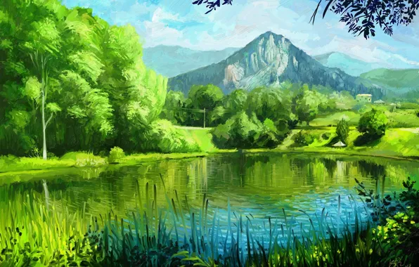 Картинка лето, трава, деревья, горы, природа, озеро, арт, живопись, зелено