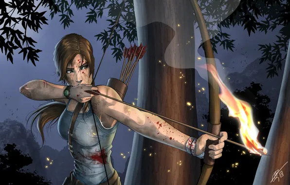 Картинка лицо, оружие, огонь, кровь, волосы, майка, лук, арт, стрелы, целится, хвостик, лара крофт, Lara Croft, …