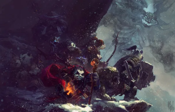 Картинка снег, горы, оружие, магия, монстр, арт, посох, World of Warcraft, панды, Mists of Pandaria