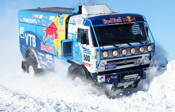 Картинка Зима, Синий, Снег, Грузовик, Red Bull, 500, Kamaz, Rally, КАМАЗ, Dakar, Master