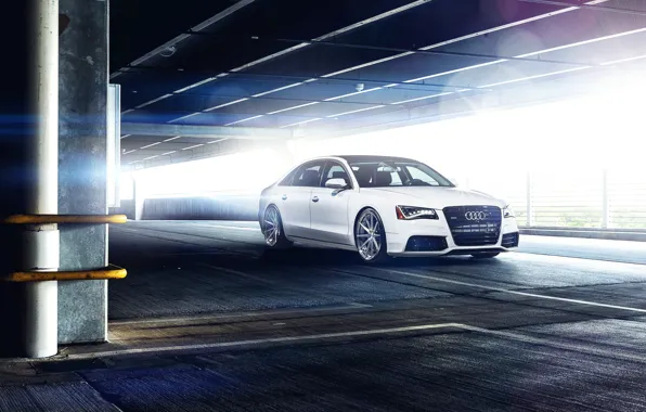 Картинка Audi, парковка, white, блик, front, A8 L