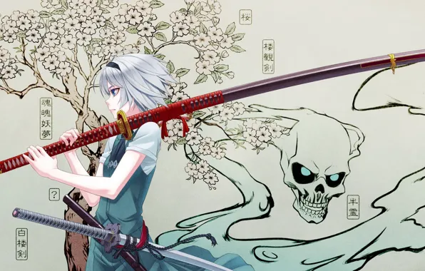 Картинка девушка, череп, меч, аниме, сакура, иероглифы, Touhou
