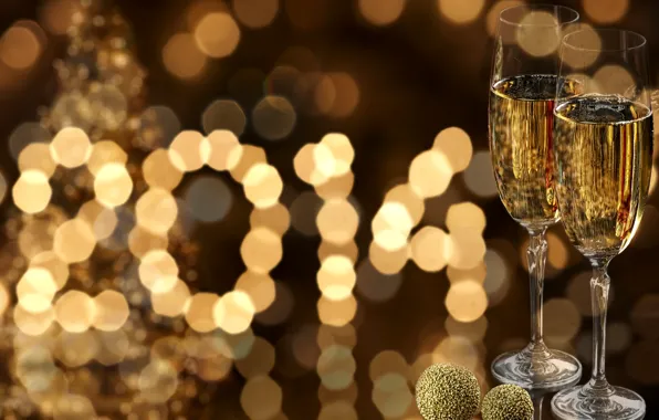 Картинка золото, Новый Год, бокалы, Рождество, цифры, шампанское, Christmas, праздники, боке, New Year, 2014