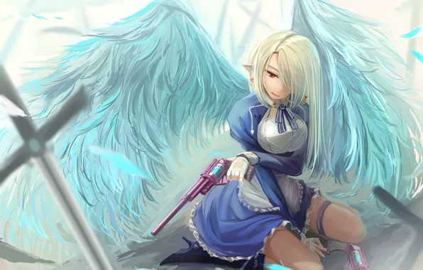 Картинка девушка, оружие, пистолеты, крылья, аниме, арт, kikivi