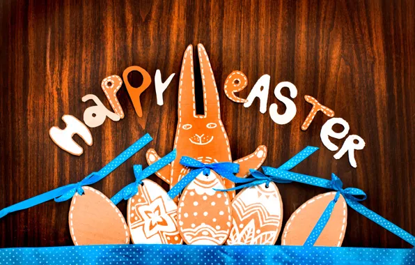 Картинка ленты, дерево, праздник, надпись, заяц, яйца, Пасха, фигурки, Easter