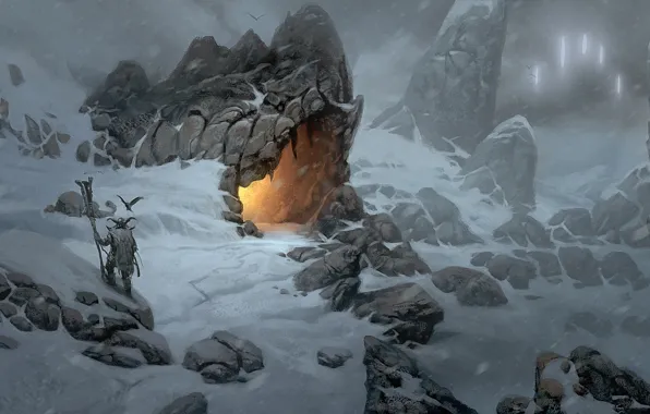 Картинка снег, горы, огонь, арт, пещера, викинг