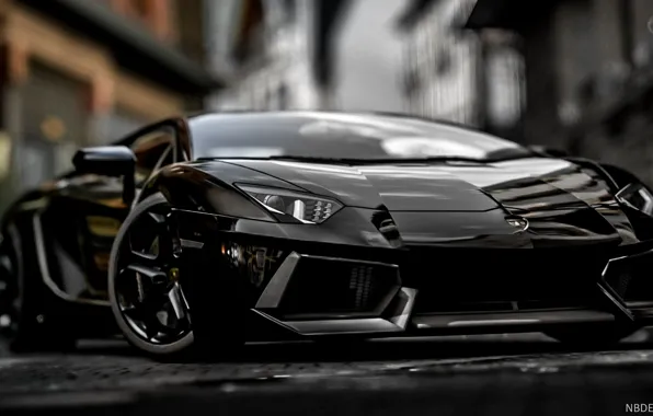 Картинка Черный, Lamborghini, Сила, Aventador, Размытый фон, Спорт-кар