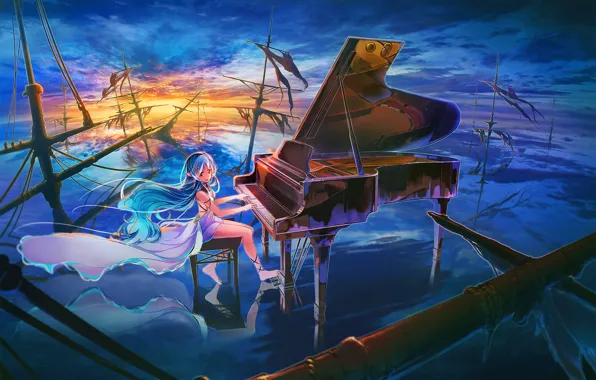 Картинка небо, девушка, облака, закат, корабли, аниме, рояль, арт, мачты, inzanaki