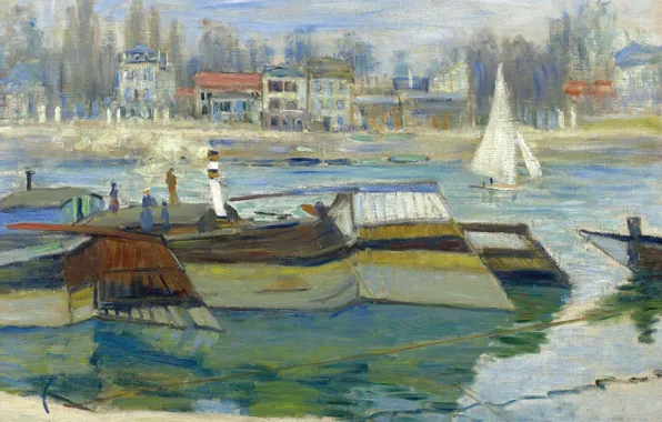 Картинка город, река, картина, Клод Моне, Сена в Аньере