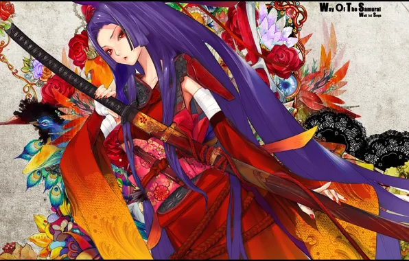 Картинка узор, катана, кимоно, Гейша, длинные волосы, ножны, цветы.красные глаза