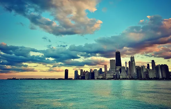 Картинка небо, вода, здания, небоскребы, USA, америка, чикаго, Chicago, сша, illinois, мичиган