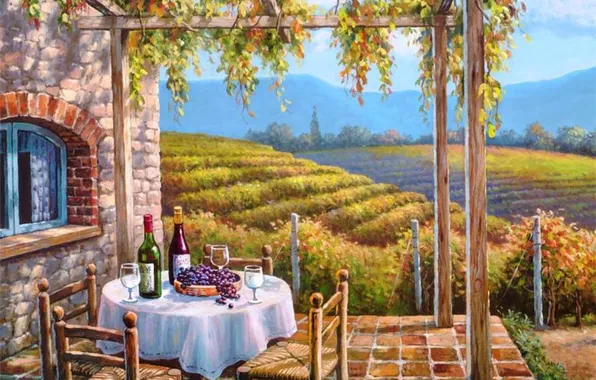 Картинка вино, картина, живопись, столик, терраса, виноградники, painting, Sung Kim