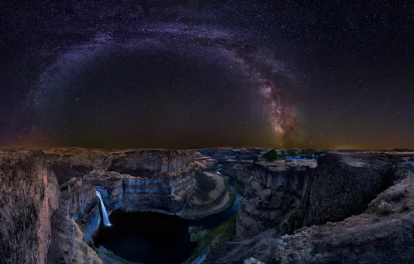 Картинка звезды, ночь, водопад, каньон, млечный путь