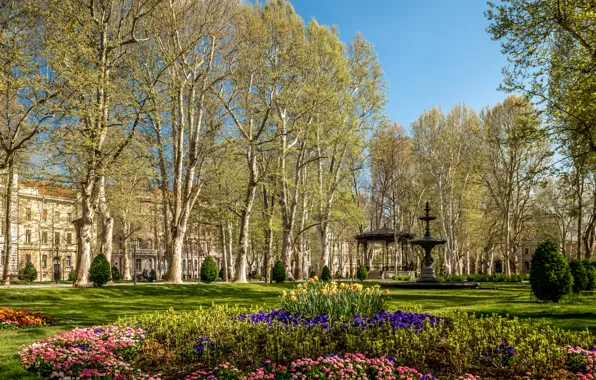 Картинка деревья, цветы, дизайн, парк, газон, фонтан, аллея, беседка, скамейки, кусты, Хорватия, Zagreb