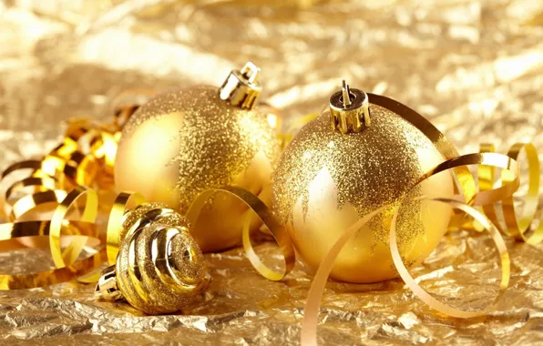 Картинка шарики, украшения, золото, праздник, обои, игрушки, блеск, рождество, серпантин